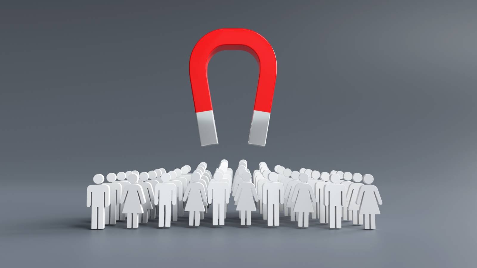 Ímã atraindo pequenos ícones de pessoas, representando captação de leads